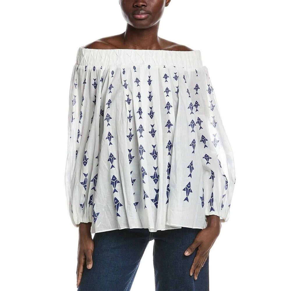 Farm Rio womens off-white graphic fishes off-shoulder blouse size XL breezy - Picture 5 of 10